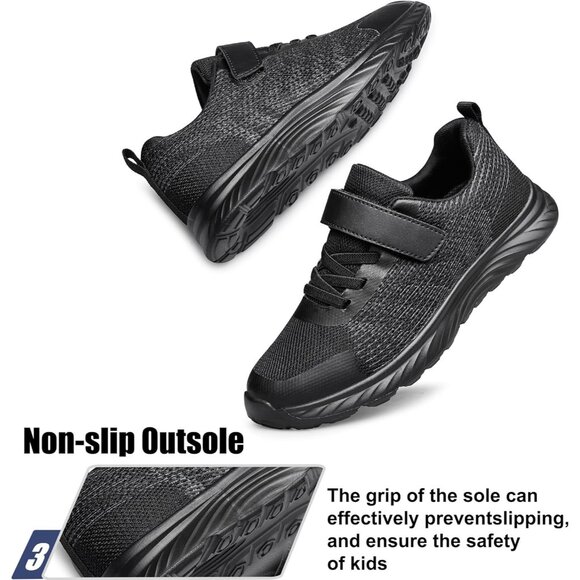 Kids All Black Lightweight Breathable Athletic Running Tennis Fitness Sneakers - Picture 5 of 6